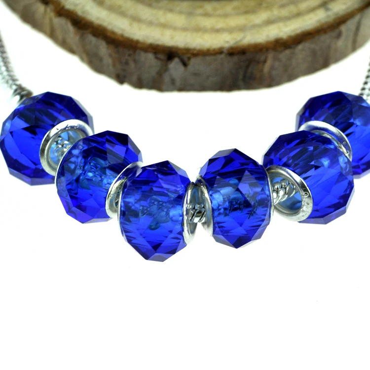 

100Pcs/lot Elegant Royal Blue Faceted Glass Beads 9*14mm European Big Hole Beads Chain Bracelet DIY Beads For Jewelry Making