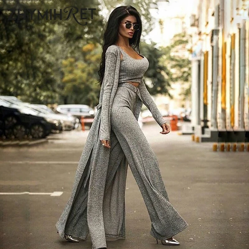 ZHYMIHRET 22023 Autumn Winter Ribbed 3 Pieces Set Women Crop Top High Waist Wide Leg Pants Set Long Sleeve Trench Coat