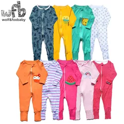 Varejo de manga comprida Zipper Rompers, desenhos animados do bebê, menino, menina, no geral, roupas, roupas, 0-24 meses, 3 pcs por pacote