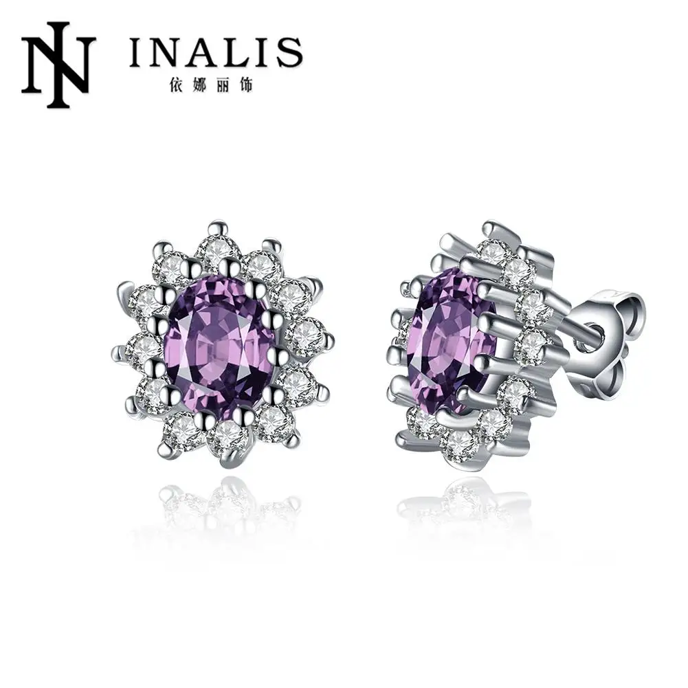 INALIS Fashion Jewelry Unusual Purple Cubic Zirconia Stud Earrings For Women Party Ceromony E029