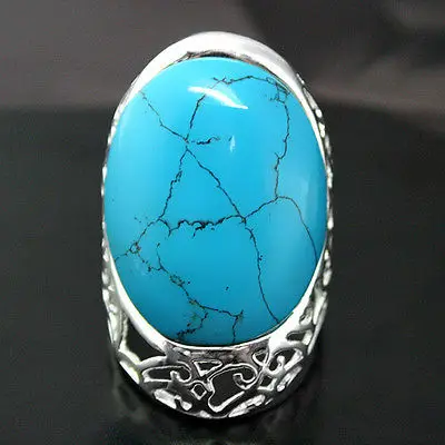 unsex 27X33mm Solid 925 Silver Blue Natural Turquoise fashion Ring Size 7/8/9/10