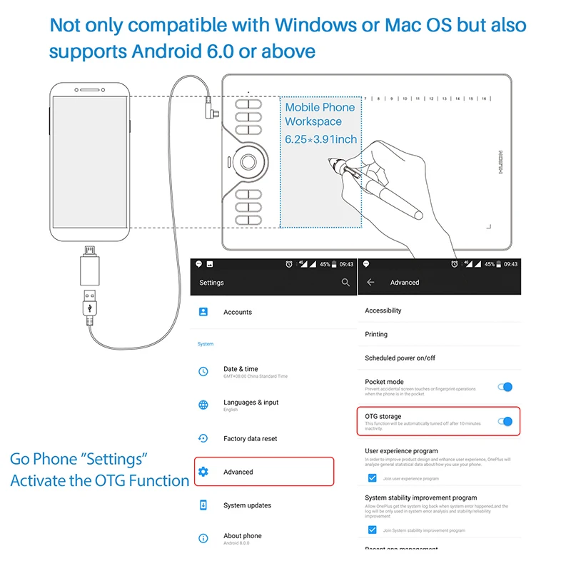 Huion HS610 Tablet graficzny 10x6.25 Cal Tablet graficzny cyfrowy akumulator-bezpłatna obsługa rysika telefon z systemem Android Windows MacOS PC,