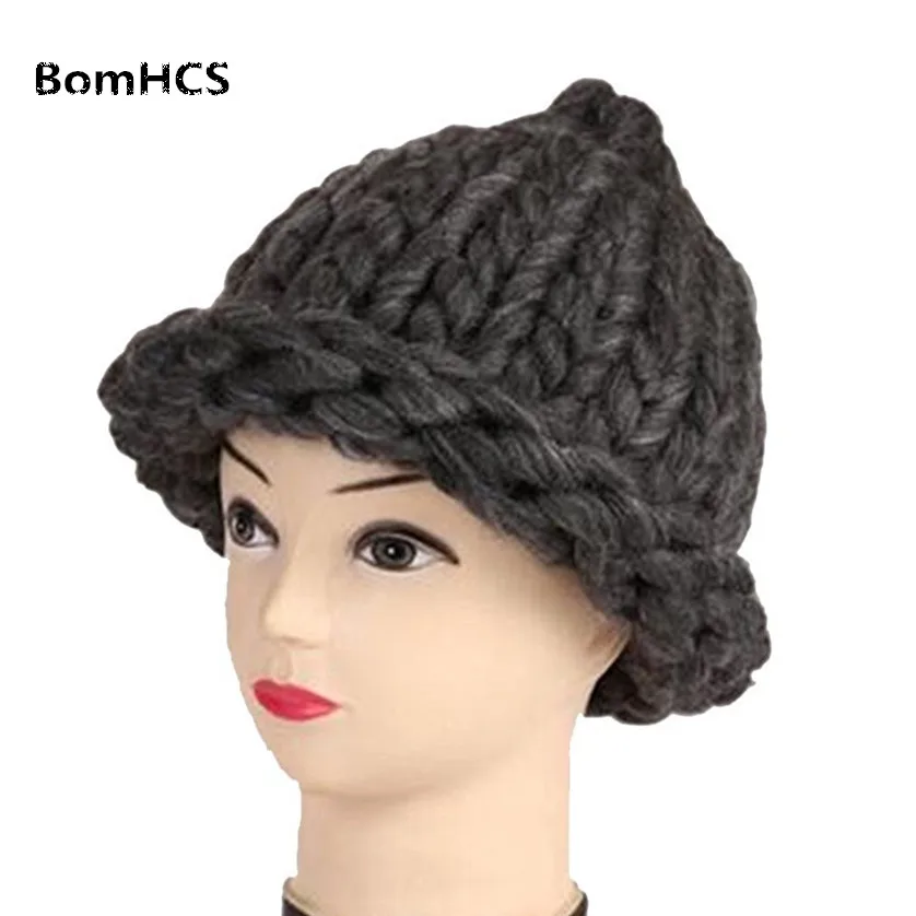 BomHCS Solid Color Handmade Knitted Hat Coarse Yarn Warmer Crochet Cap