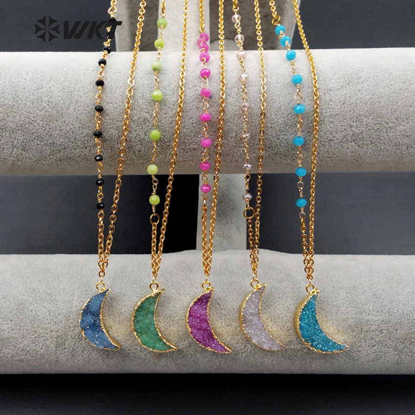 WT-N1079 WKT New Design Natural Druzy Quartz Warm Color Moon Shape With Rosary Chain Necklace For Women Fashion Necklace