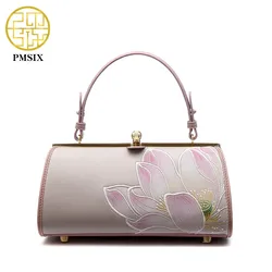 Pmsix Embroidery Lotus Leather Ladies Handbag Frame Designer Chain Shoulder Bag Mini Elegant Women Crossbody Bags 2021