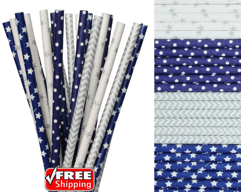 200 Pcs Mixed 4 Designs Dark Blue and Silver Themed Paper Straws-Navy Chevron,Dot,Star Hanukkah Decor Graduation Party Drinking