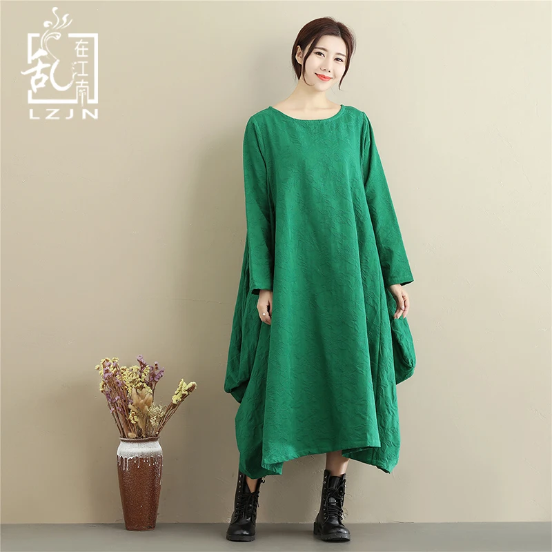 

LZJN Long Sleeve Cotton Lantern Dress Autumn Winter Vintage Shirt Dress O-Neck Irregular Robe Femme A-Line Vestido 5 Colors