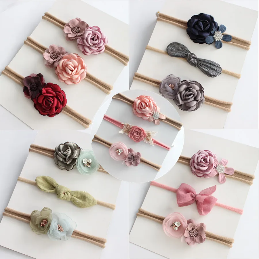 Boutique Kids Girl Flower Headband Nylon Headband Elastic Strench Headwear 3pcs a Set