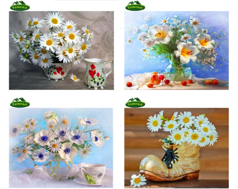 ZKll sticker cute blooming yellow and white floral basket full drill diamond embroidery oil canvas mosaic painting cross stitch