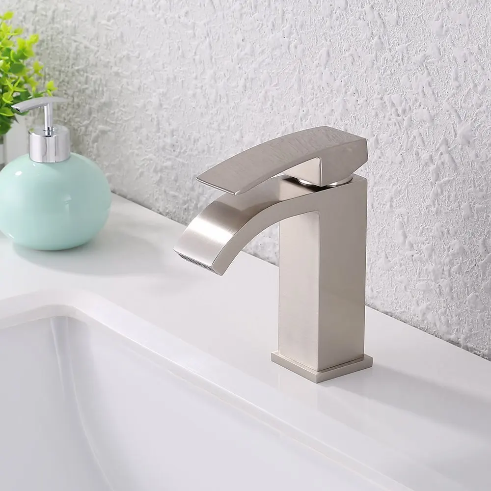 Brushed Nickel solid brass Single Handle Waterfall golden Bathroom Vanity Sink Faucet with Extra Large Rectangular Spout