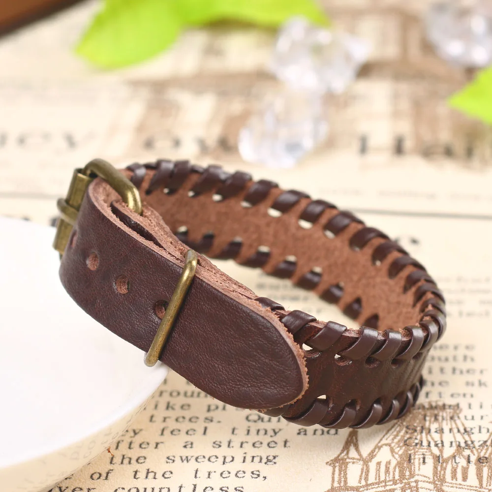 2024 Trend Personalized Jewelry Vintage Long Section Brown Leather Bracelets For Women Simple Cuff Weave Belt Buckle Bracelet