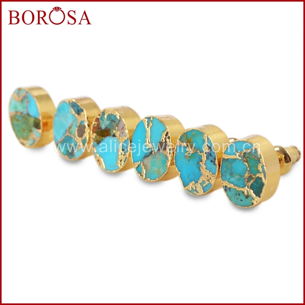 BOROSA 5/10Pairs Fashion Gold Color Oval  Copper Natural Turquoises Stud Earrings Jewelry Natural Blue Stone Women Earring G1546