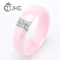 Hot Sale Pink Ring Women Stainless Steel Silver Plated Pink Ceramic Ring 6mm Natural Stone Brand Ring For Women Anniversary Gift