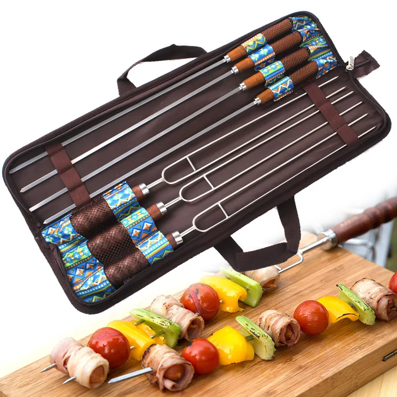 7pcs Outdoor BBQ fork barbecue Stainless steel U-shaped environmental wooden handle picnic camping cookware kitchen cooking