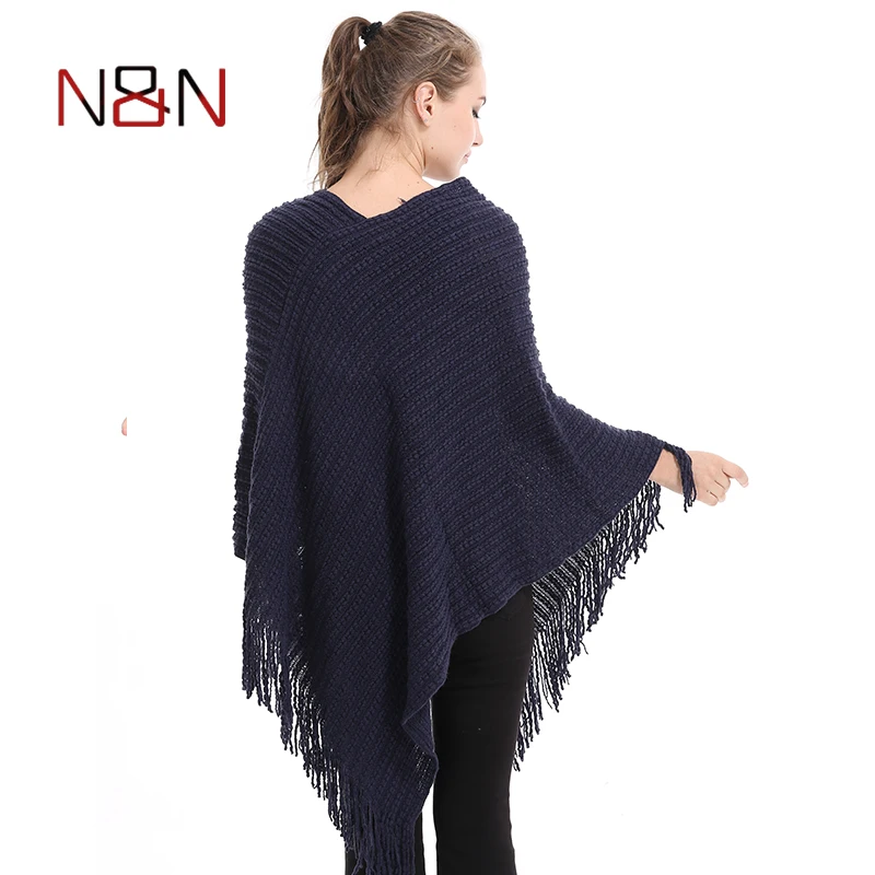 Casual de malha feminina poncho mais sólido cachecol listrado camisola inverno borla fina primavera blusas batwing manga poncho e capa