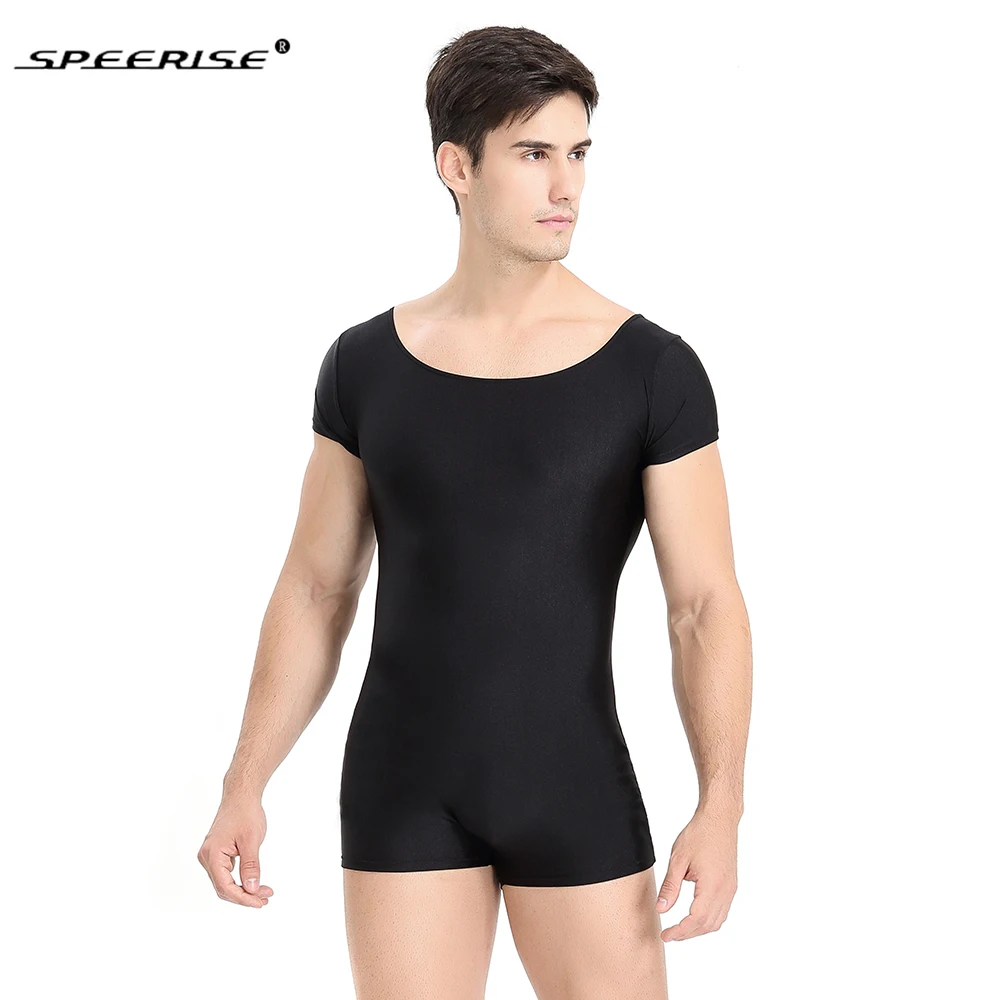 SPEERISE Men One Piece Basic Unitard Adult Ballet Short Sleeve Scoop Neck Stretch ballet Unitards Gymnastics Bodysuit Dancewear