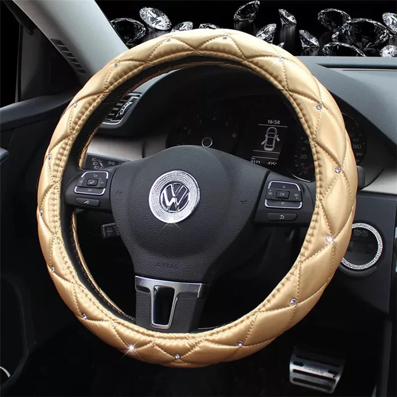 Crystal Leather Car Steering Wheel Covers Women Men Fashion Studded Rhinestone Steering Wheel Case Automotive Accessories 38CM