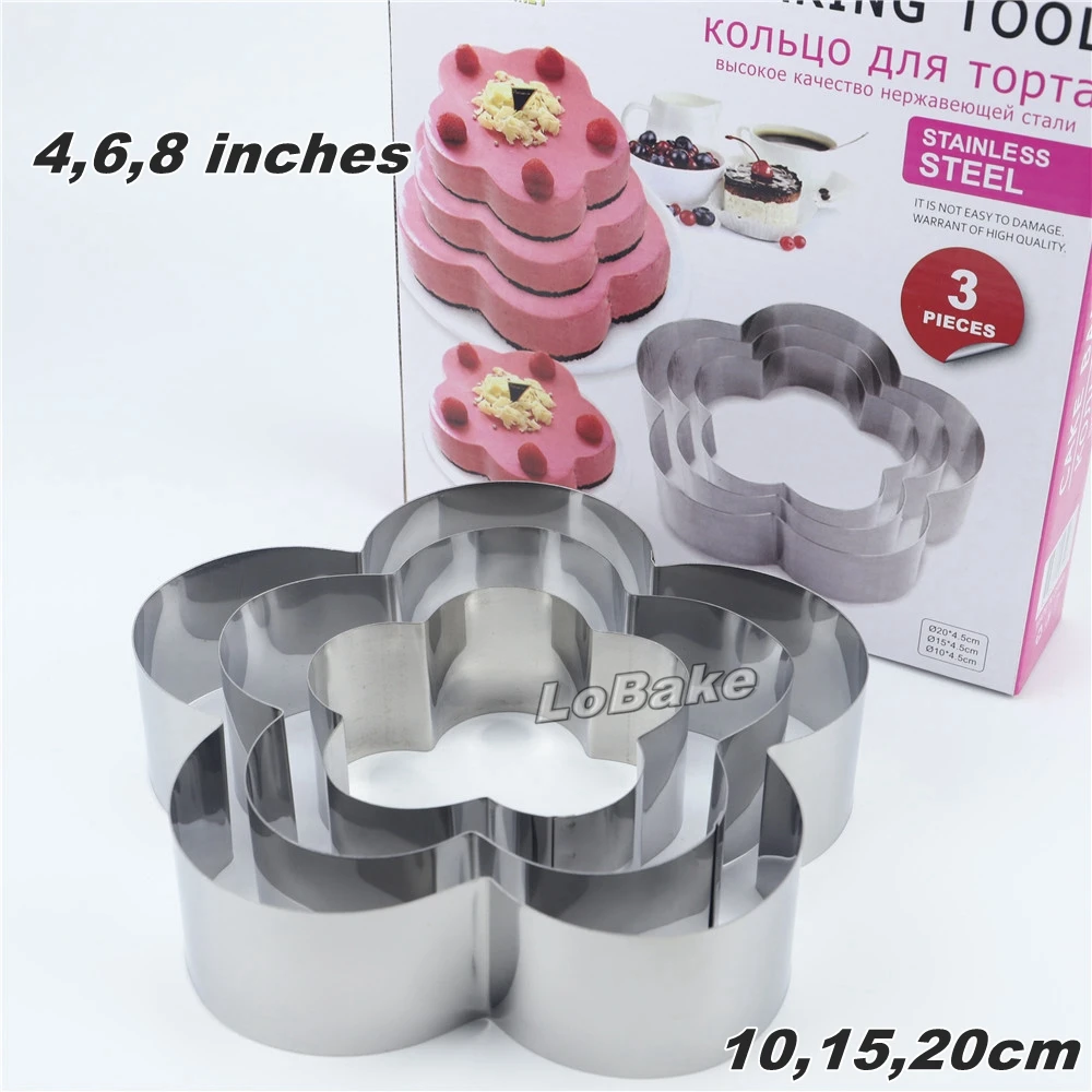 3pcs/set 4, 6, 8 inches five petal flower shape fine Stainless Steel Mousse Ring cake mold cake tower for wedding birthday party