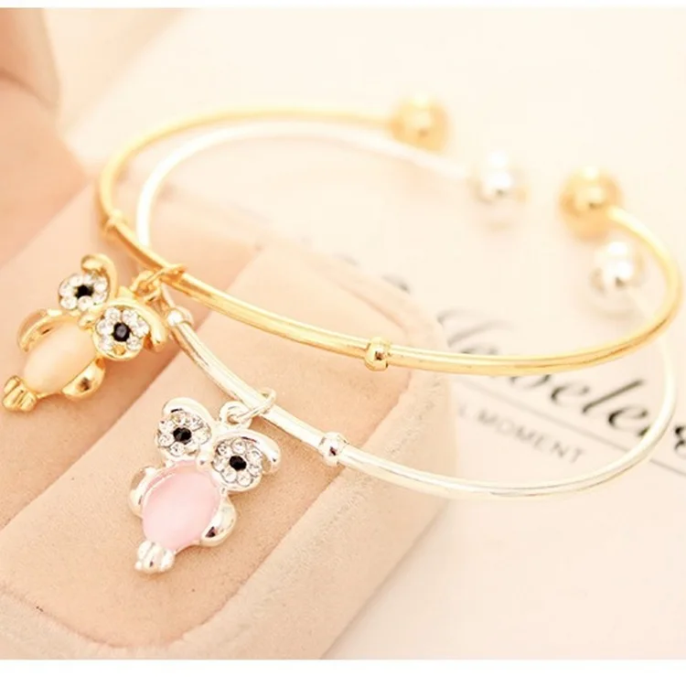 New Korean Sweet Sea Opal Cat Eye Shining Rhinestone Gold One Direction Cuff Bangles Owl Animal Open Bracelets For Women