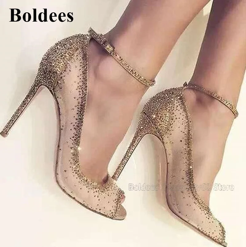 

Designer Mesh Golden Glittering Crystal Peep Toe Stiletto Heeled Dress Shoes Fashion Mesh Lace Open Toe Concise Women Shoes