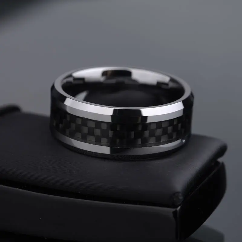 Hot INS High Polished 8mm Width Tungsten Rings Black Carbon Fiber Inaly  For Man's Finger Rings Size 6-14 Comfort Fit