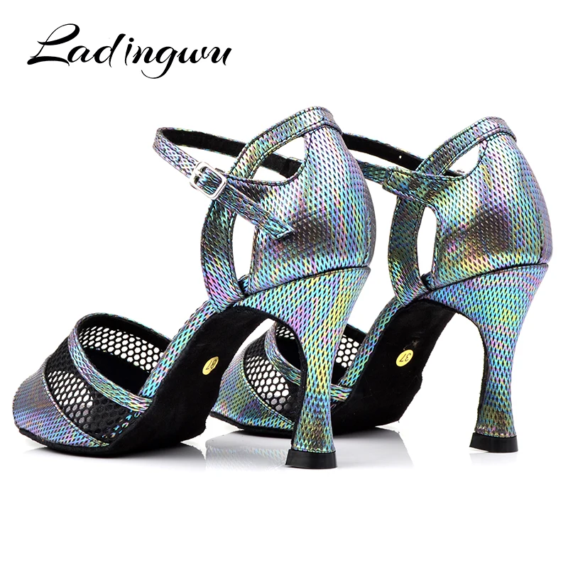 Ladingwu Dance Shoes Women Latin 9cm Cuban Heel Salsa Shoes Dance Sandals Metal Gray PU Discoloration and Mesh zapatos de mujer