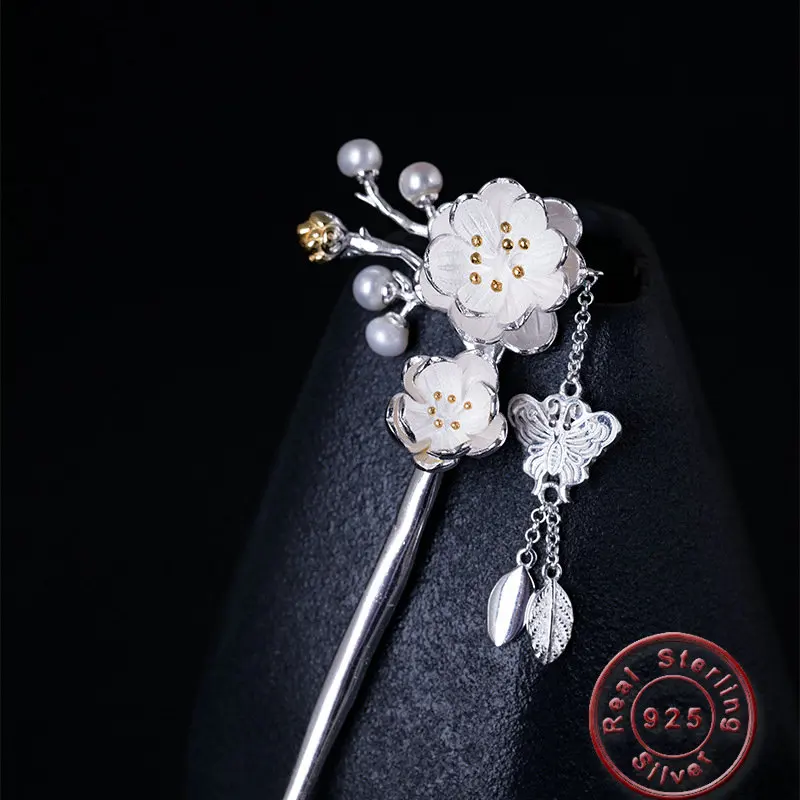 Amxiu Handmade Pearls Hairpins 925 Sterling Silver Hair Jewelry Plum Flower Butterfly Tassel Hair Sticks Accessories