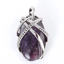New Women Fashion Jewelry Chic Natural Stone Amethysts Opal Aventurine Quartz Oval Shape Hollow Metal Girl's Necklaces Pendant