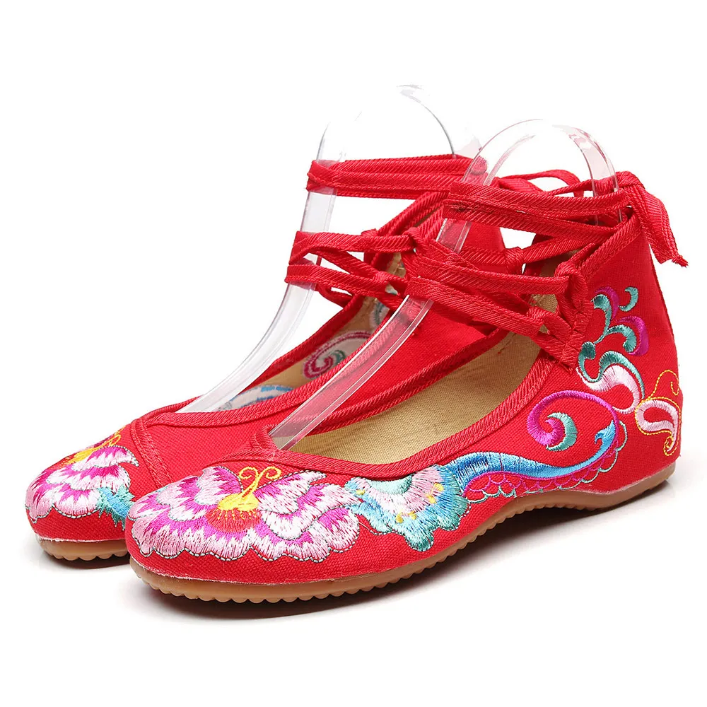 Veowalk Chinese Style Women Ankle Strap Cotton Ballet Flats Floral Embroidery Retro Ladies Soft Canvas Shoes zapatos mujer