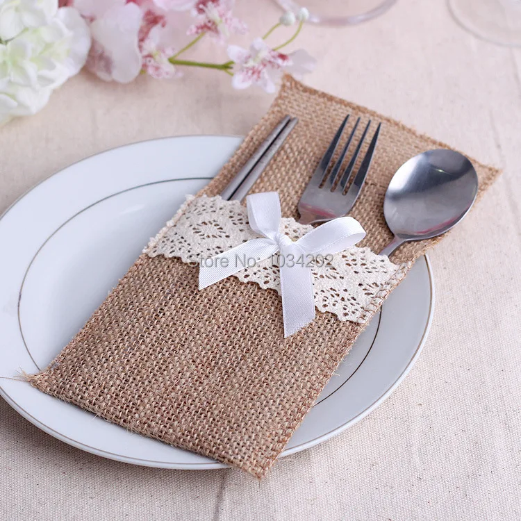 Vintage 21 *10CM Hessian Burlap Lace Wedding Tableware Pouch Cutlery Holder Decorations Favor