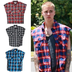 High Street-camisas sin mangas a cuadros para hombres, chaleco suelto multicolor, cremallera lateral, marea Bieber