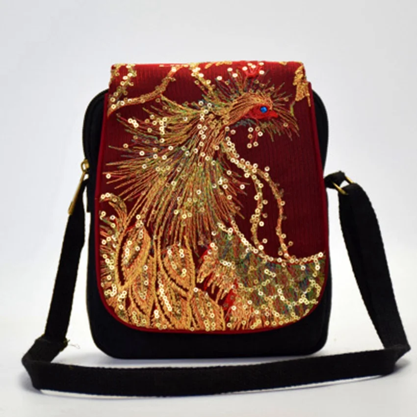New Chinese National Wind Embroidered Bag Embroidered Canvas Shoulder Diagonal Bag Peacock Phoenix Sequin Embroidery Bag
