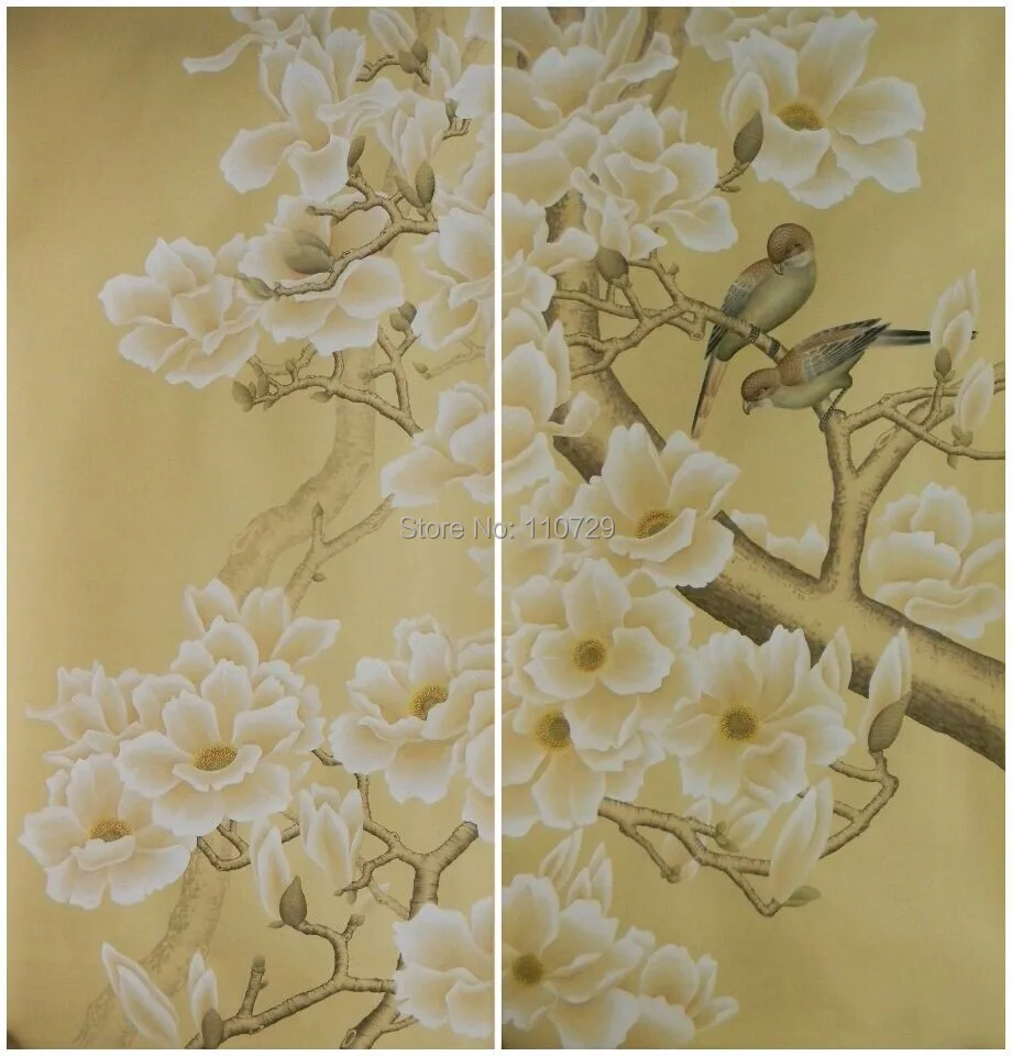 

hand painted silk wallpaper painting flowers with birds hand-painted wall paper wallcovering TV/porch/bedroom/Sofa background