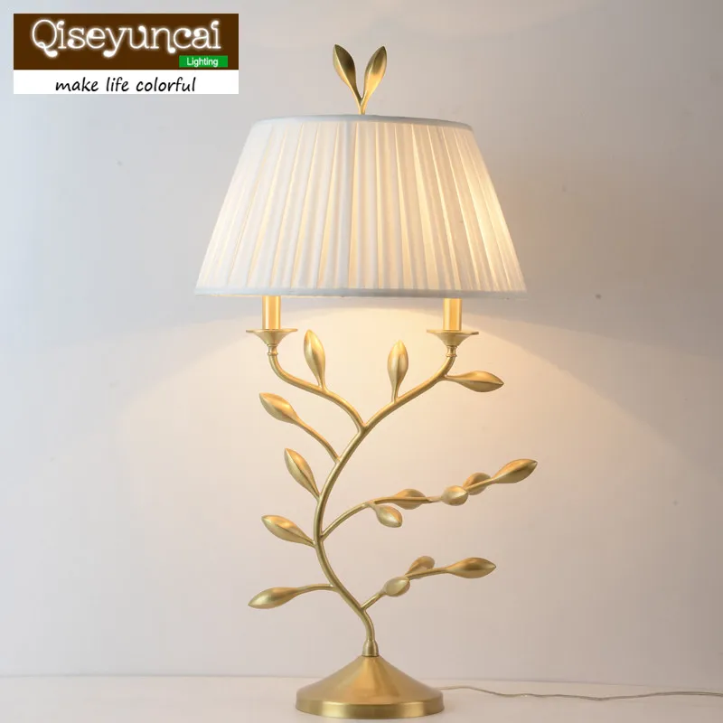 

Qiseyuncai 2018 new American copper living room table lamp European Jinzhi jade leaf decoration copper lamp bedside cabinet lamp