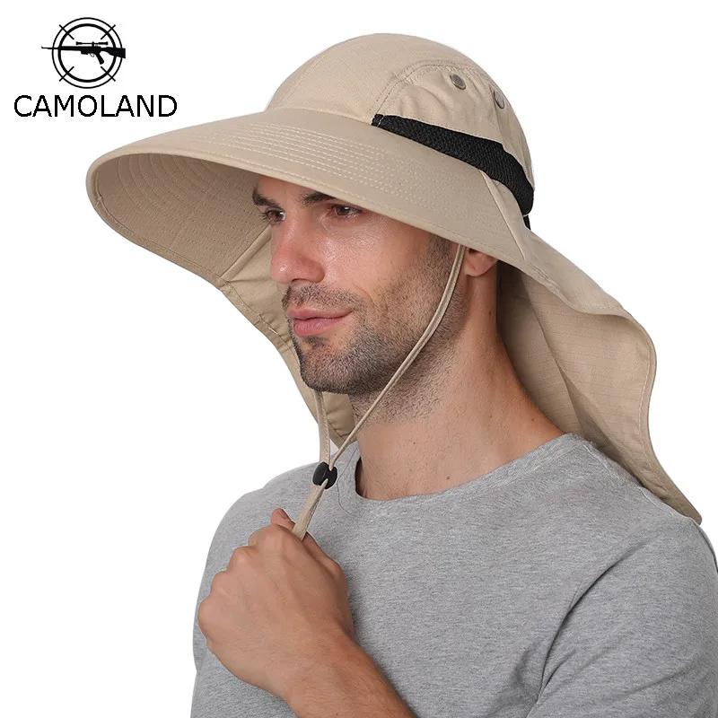 Chapeau de Soleil d\'Été en Coton pour Homme et Femme, avec Rabat de Cou, Protection UV en Plein Air, Large Bord, Randonnée, Pêche, Safari, E27