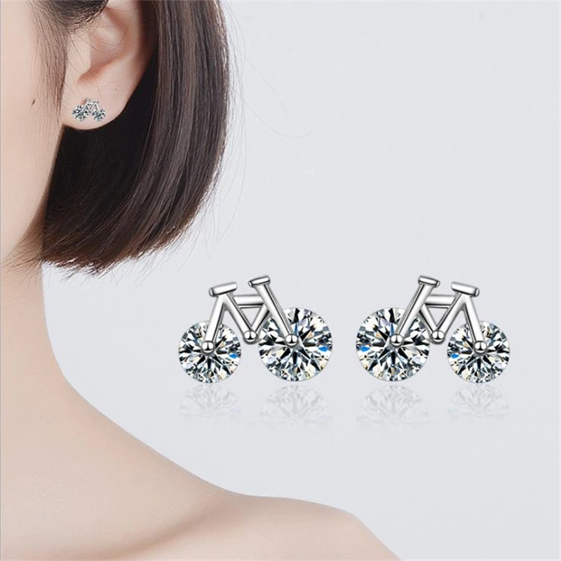 KOFSAC Cute Bike Silver 925 Earring Lady Exquisite Cubic Zirconia Crystal Stud Earrings For Women Fine Jewelry Best Girl Gift