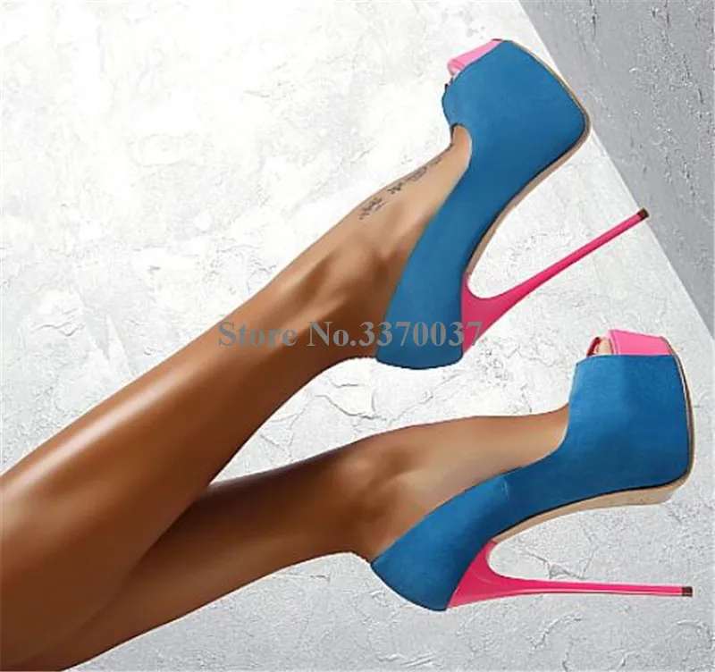 Brand Design Women Sexy Peep Toe Blue Suede Denim High Platform Pumps Slip-on Patchwork Pink Heel Shoes Dress High Heels