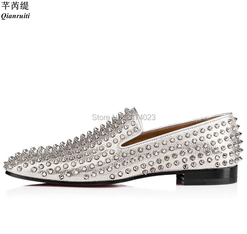 

Qianruiti Men Silver Shoes Spike Flats Patent Leather Rivets Loafers Square Toe Low Heels Slip On Business Dress Shoes Men