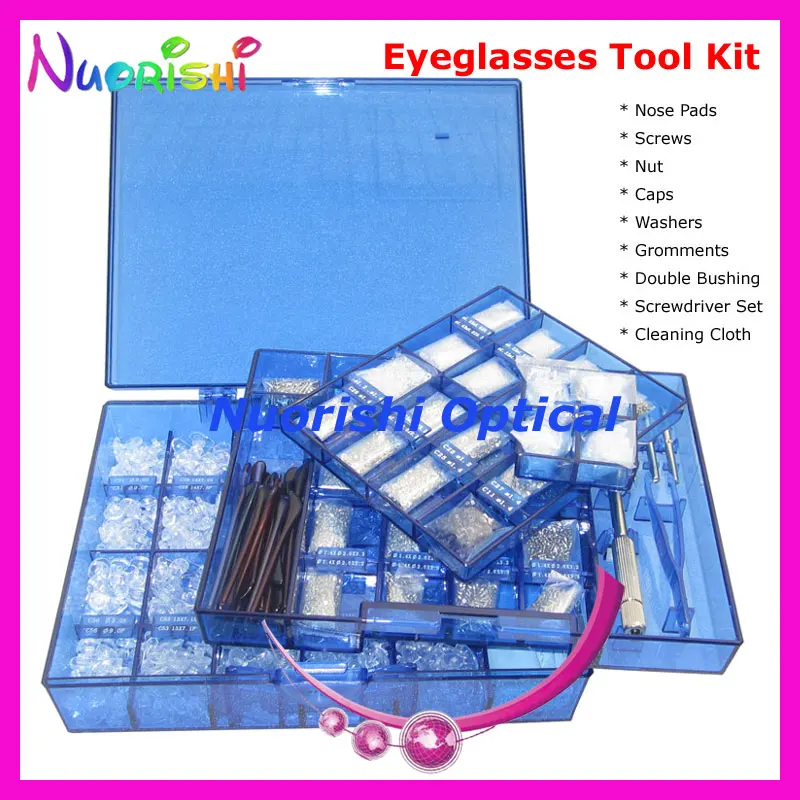 

3-Layers Glasses Accessories Kit Set Nose Pads Nut Screw Caps Washers Grommets Bushing Temple Tips Screwdriver 3721B