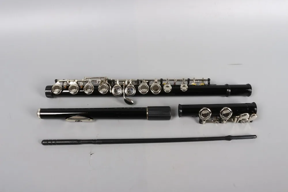 16 Holes Flute E Key Nickel Plated Concert Flute with Cleaning Cloth Stick Gloves Screwdriver Padded Bag Black & Blue #1501