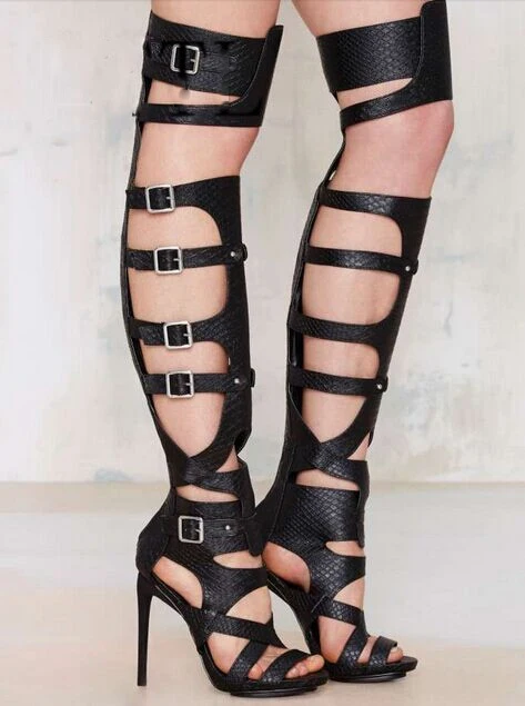 

2022 black gladiator sandal boots fashion buckle summer thigh high boots high heels sandals women big size ladies shoes