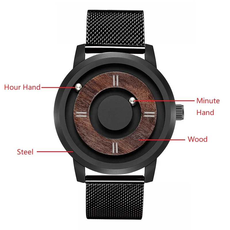 EUTOUR Magnetic Drive Mens Watches Top Brand Luxury Quartz Watch Women Man Wood Stainless Steel Unisex WristWatches