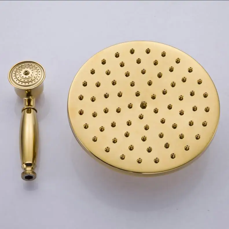 Torneira de banheiro e chuveiro luxuosa estilo europeu, acabamento em latão dourado, conjunto de chuveiro de parede com cabeça de chuveiro