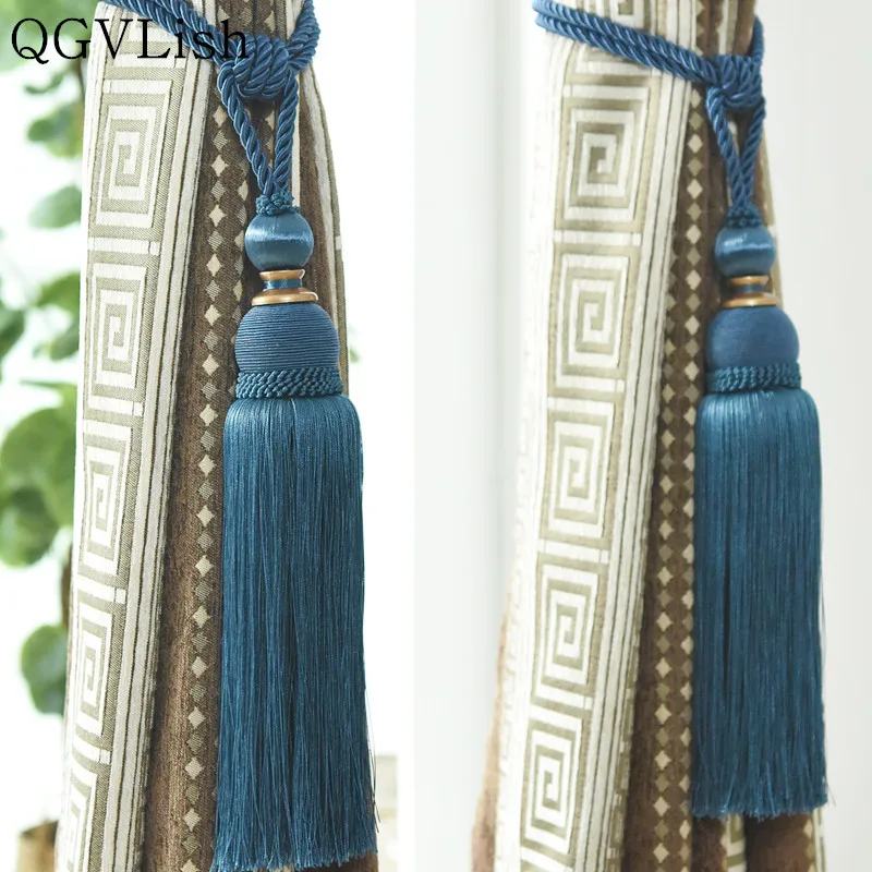 

QGVLish 2Pcs/Pair Curtain Brush Tiebacks Tassel Fringe Hanging Belt Balls Curtain Accessories Holderback Tie Backs Lashing Bind