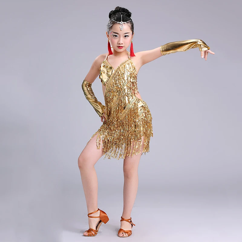 Children Professional Fringe Ballroom Latin Dance Dress For Girls Ballroom Dancing Dresses For Red  Kids Sequin Fringe Tassel