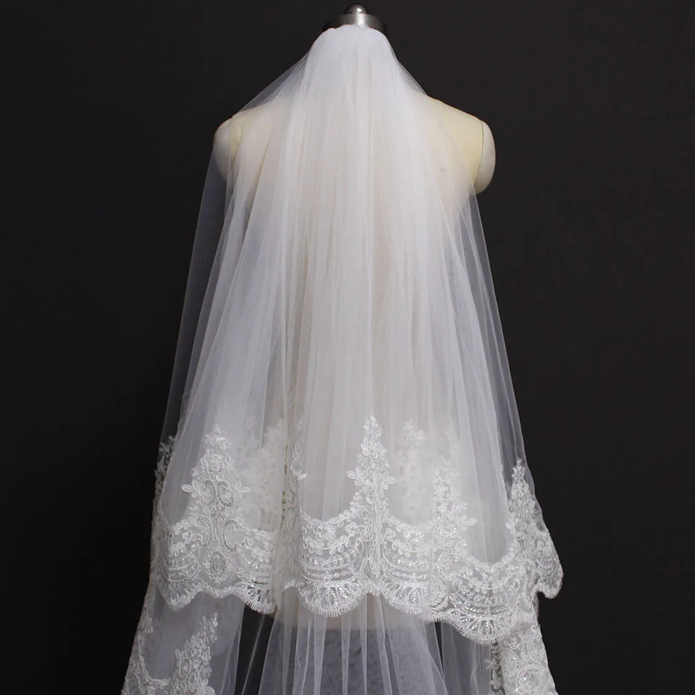 Luxury Bling Sequins Lace 2 Layers Long Wedding Veil with Comb Chapel Length Cover Face 2 T Bridal Veil Wedding Accessories