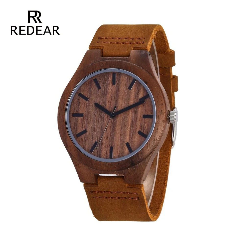 

REDEAR Mens Design Brand Luxury Walnut Wooden Army watch Real Leather Quartz Watches for Men's Gift