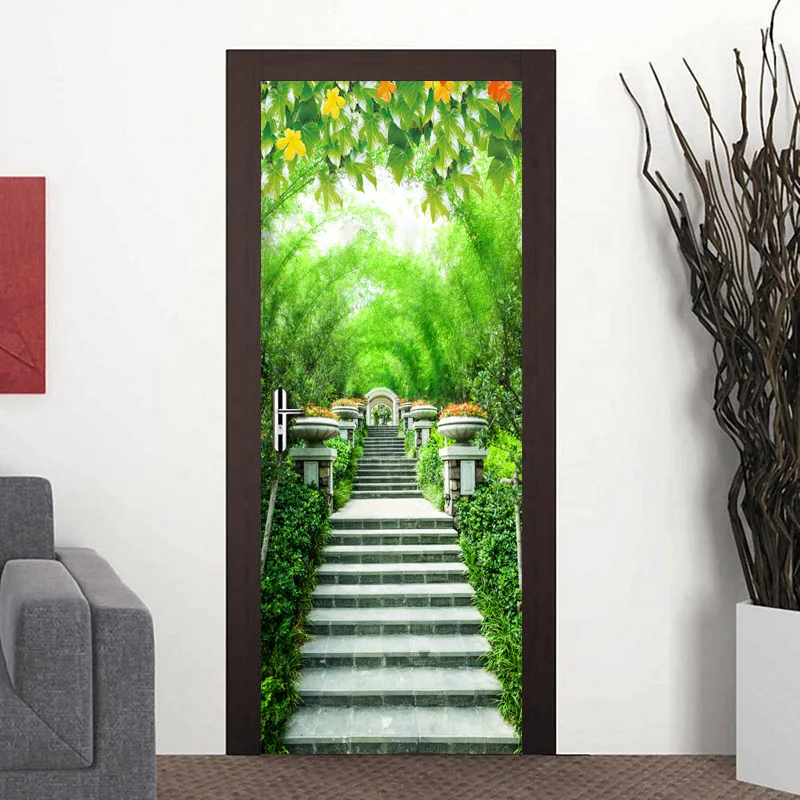 

3D Wall Sticker Decal Art Decor Vinyl Bamboo Forest Stone Staircase Door Poster Removable Window Door Stickers Wallpaper Mural