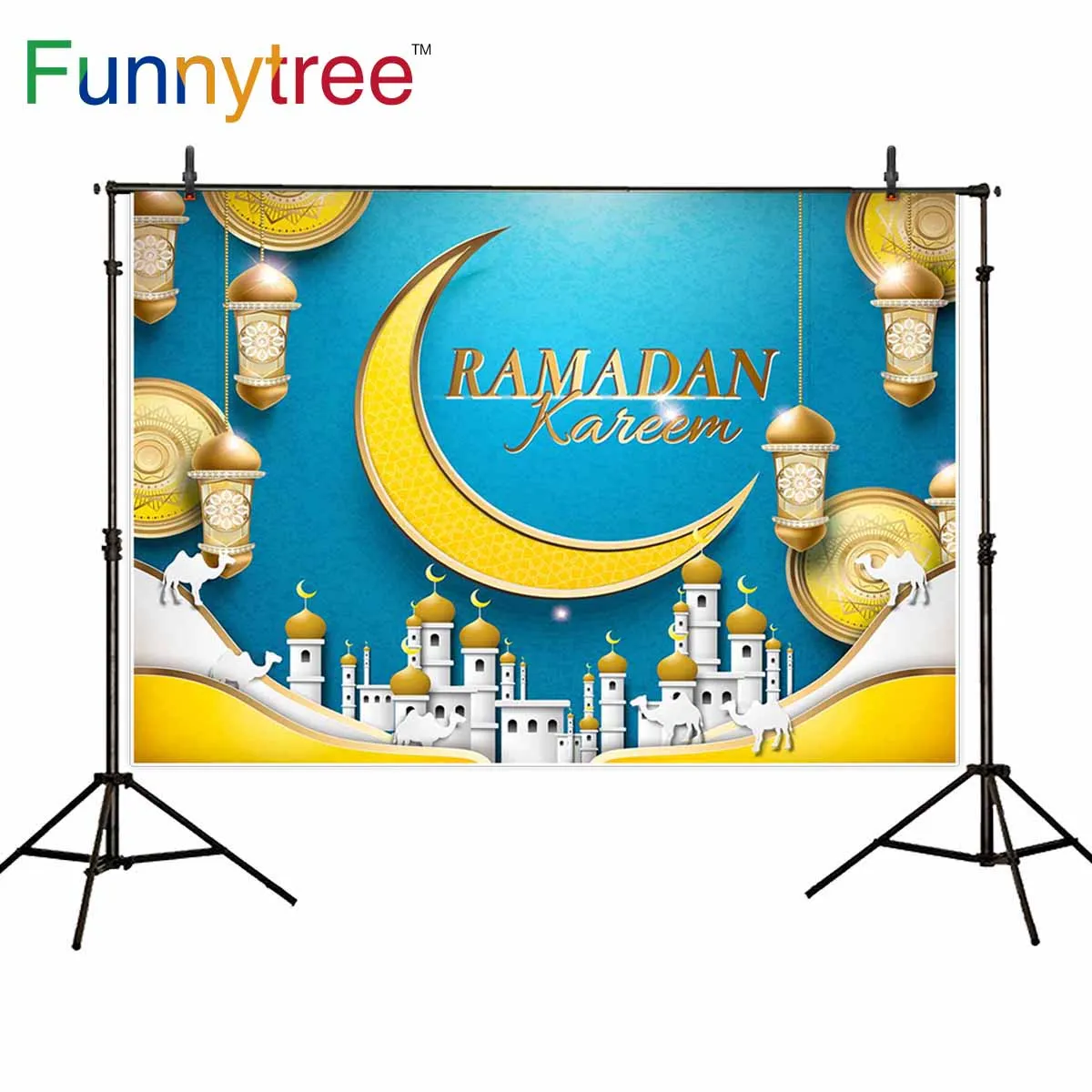 Funnytree backgrounds for photography studio Ramadan Eid al-Fit mubarak golden Hollow chandelier moon Arab architecture backdrop