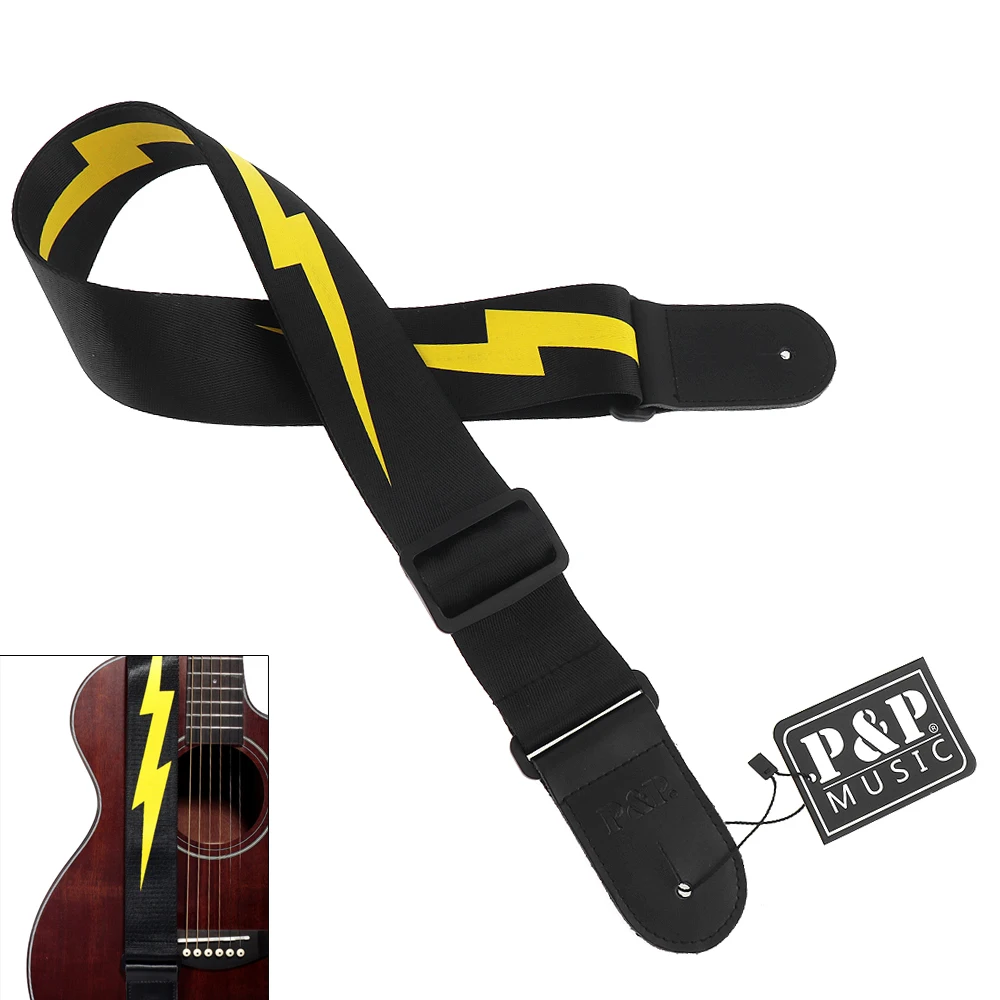 Adjustable Durable Guitar Strap Yellow Lightning Pattern with Genuine Leather Head for Acoustic Electric Bass Guitar